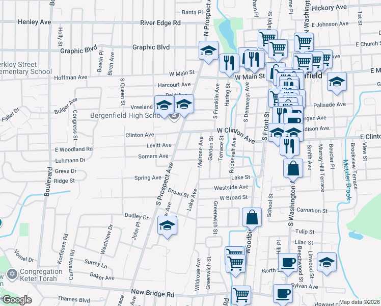 map of restaurants, bars, coffee shops, grocery stores, and more near 140 Anderson Avenue in Bergenfield