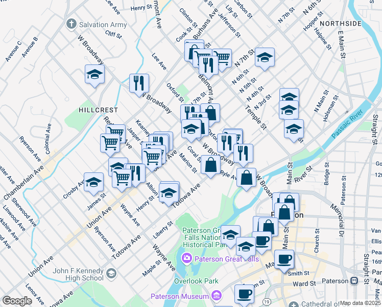 map of restaurants, bars, coffee shops, grocery stores, and more near 113 Coral Street in Paterson
