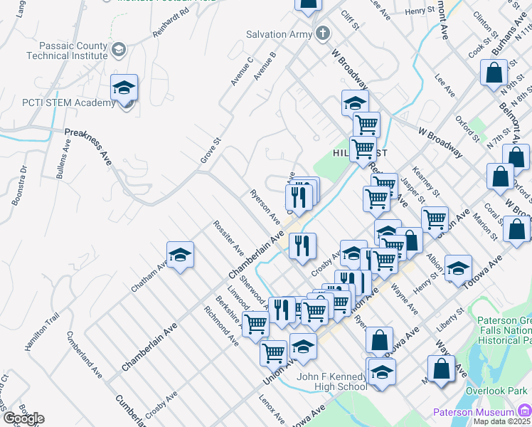 map of restaurants, bars, coffee shops, grocery stores, and more near 245 Ryerson Avenue in Paterson