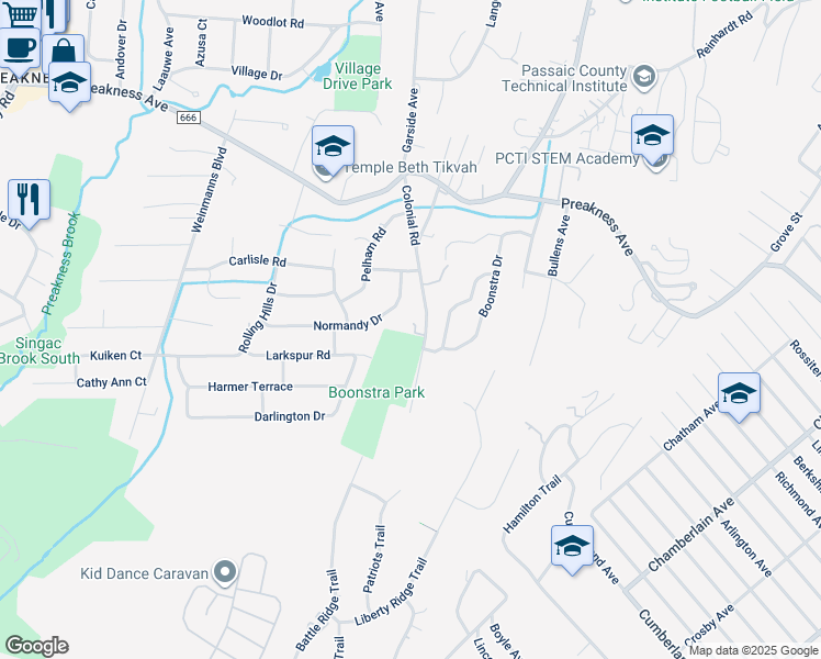 map of restaurants, bars, coffee shops, grocery stores, and more near 45 Colonial Road in Wayne