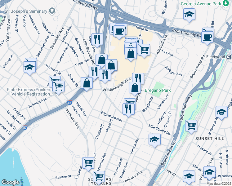map of restaurants, bars, coffee shops, grocery stores, and more near 37 Stillwell Avenue in Yonkers