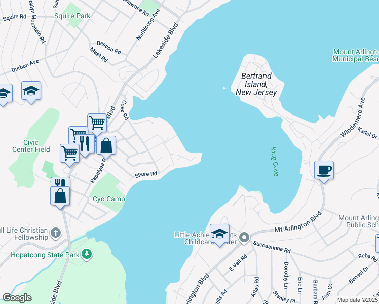 map of restaurants, bars, coffee shops, grocery stores, and more near 7 Point Pleasant Road in Hopatcong