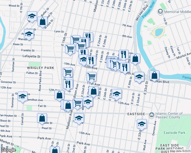 map of restaurants, bars, coffee shops, grocery stores, and more near 506 East 24th Street in Paterson