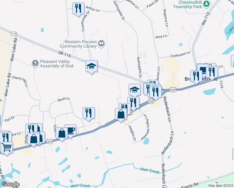 map of restaurants, bars, coffee shops, grocery stores, and more near in Brodheadsville