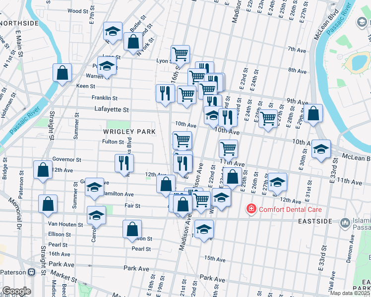 map of restaurants, bars, coffee shops, grocery stores, and more near 495 East 18th Street in Paterson