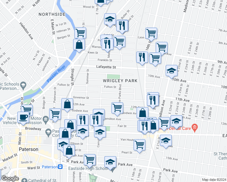 map of restaurants, bars, coffee shops, grocery stores, and more near 205 Harrison Street in Paterson