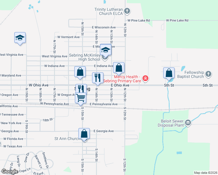 map of restaurants, bars, coffee shops, grocery stores, and more near 293 East Ohio Avenue in Sebring