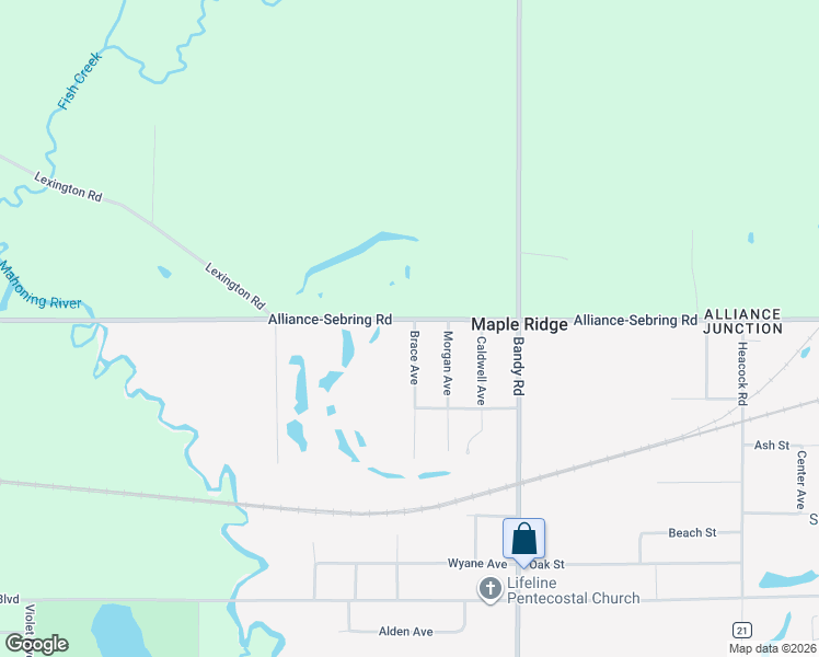 map of restaurants, bars, coffee shops, grocery stores, and more near 21215 Alliance-Sebring Road in Alliance