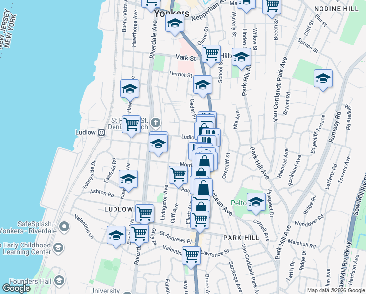 map of restaurants, bars, coffee shops, grocery stores, and more near 18 Hamilton Avenue in Yonkers