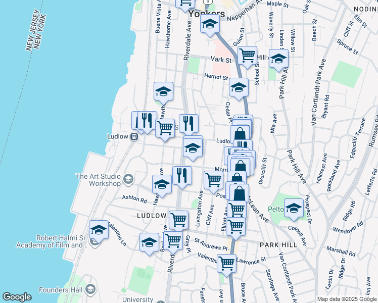 map of restaurants, bars, coffee shops, grocery stores, and more near 280 Riverdale Avenue in Yonkers