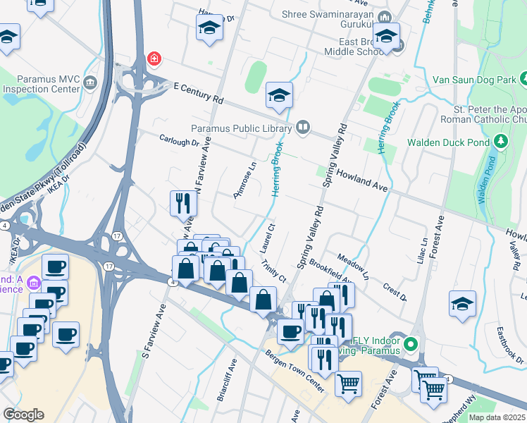map of restaurants, bars, coffee shops, grocery stores, and more near 30 Laurel Court in Paramus
