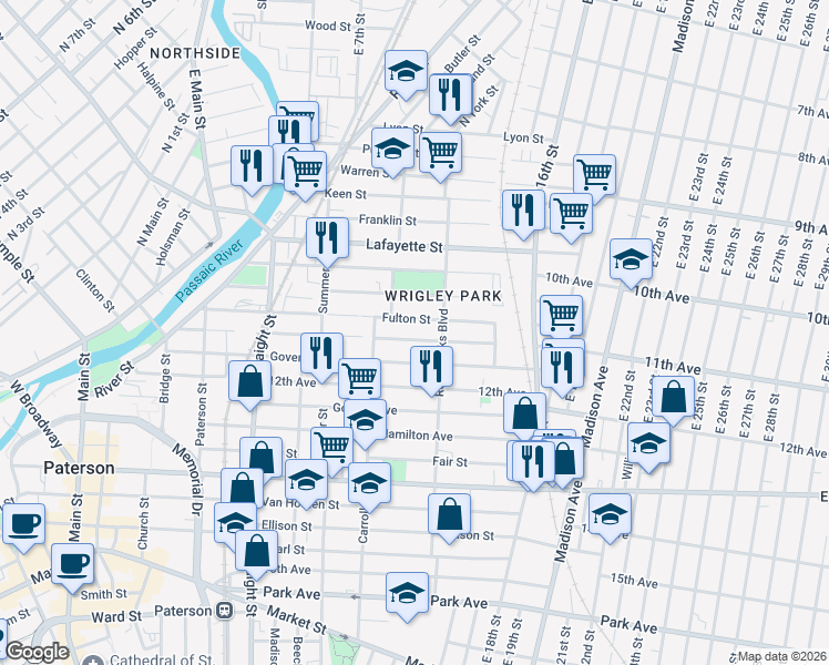 map of restaurants, bars, coffee shops, grocery stores, and more near 201 Harrison Street in Paterson