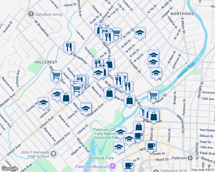 map of restaurants, bars, coffee shops, grocery stores, and more near in Paterson