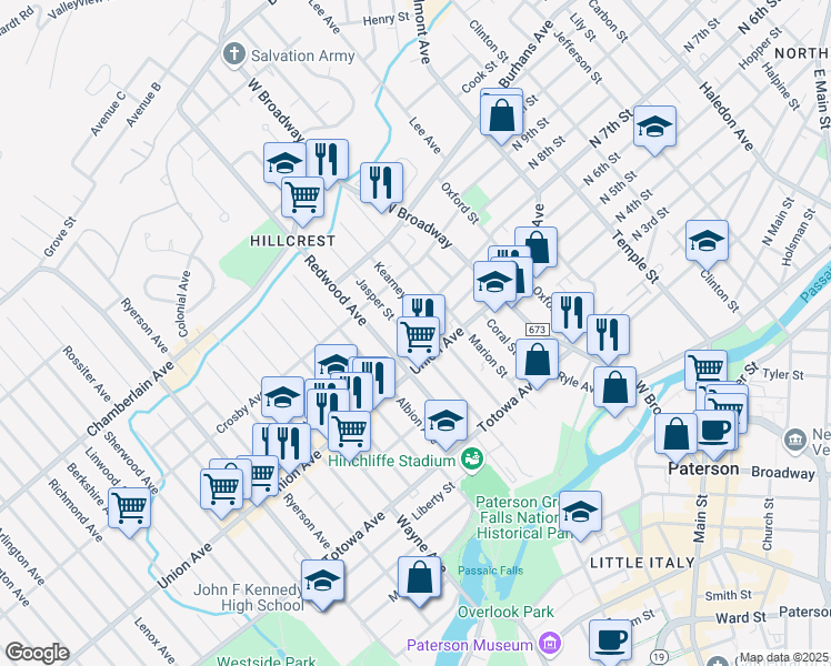 map of restaurants, bars, coffee shops, grocery stores, and more near 128 Jasper Street in Paterson