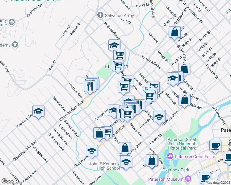 map of restaurants, bars, coffee shops, grocery stores, and more near 159 Sheridan Avenue in Paterson
