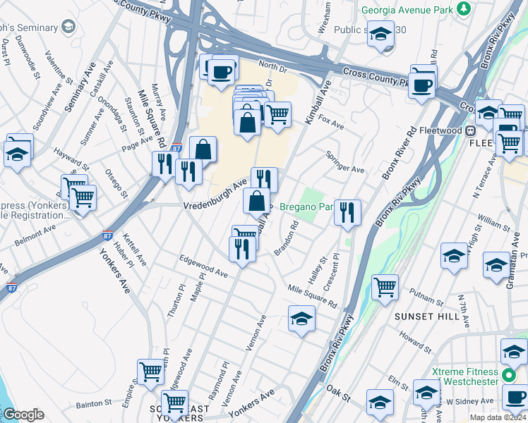map of restaurants, bars, coffee shops, grocery stores, and more near 653 Kimball Avenue in Yonkers