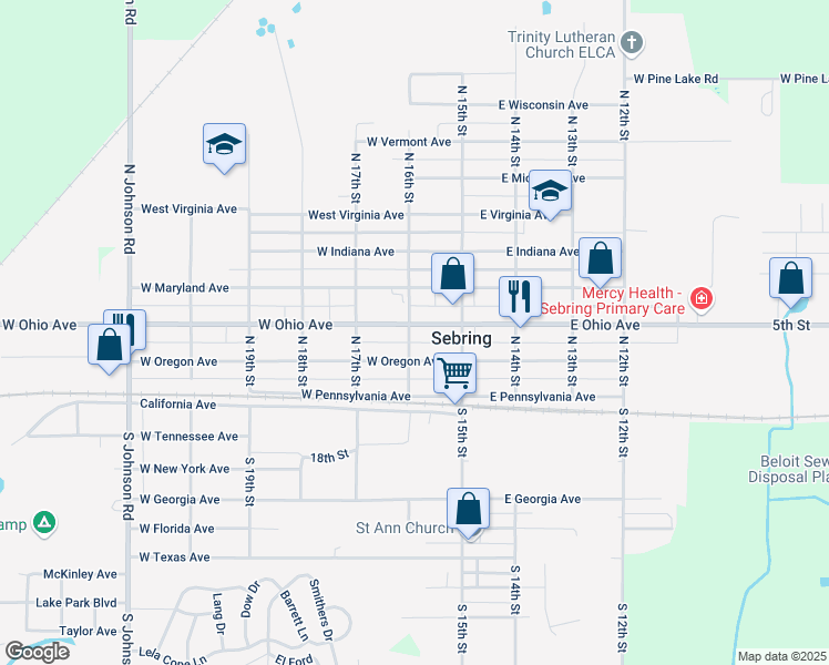 map of restaurants, bars, coffee shops, grocery stores, and more near 195 West Ohio Avenue in Sebring