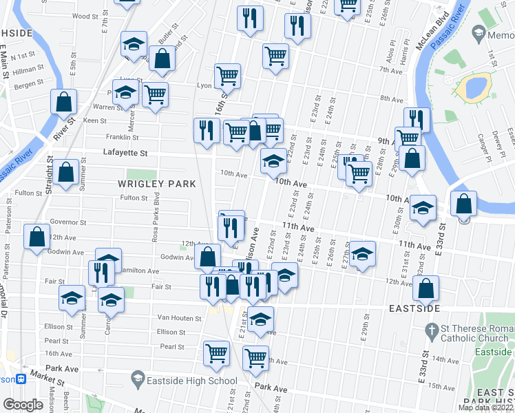 map of restaurants, bars, coffee shops, grocery stores, and more near 520 Madison Avenue in Paterson