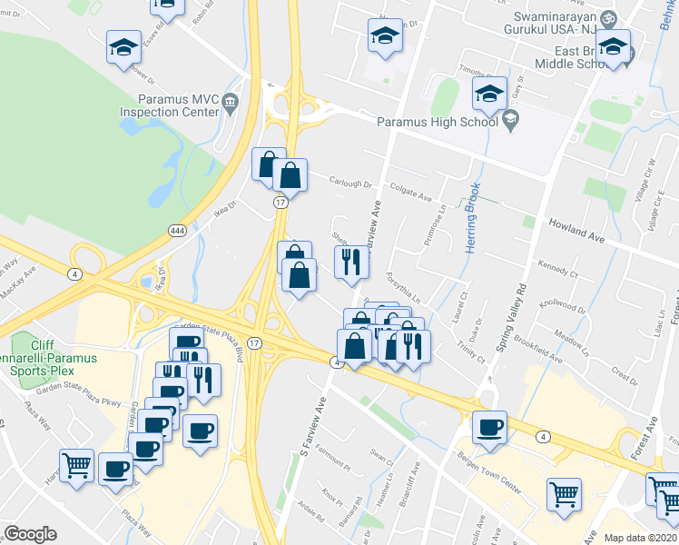 map of restaurants, bars, coffee shops, grocery stores, and more near 37 Prospect Street in Paramus