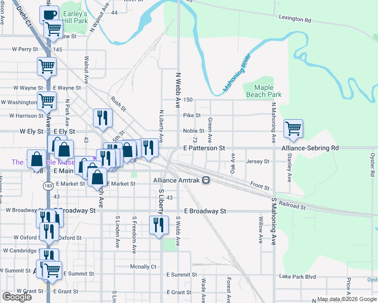 map of restaurants, bars, coffee shops, grocery stores, and more near 811 East Patterson Street in Alliance