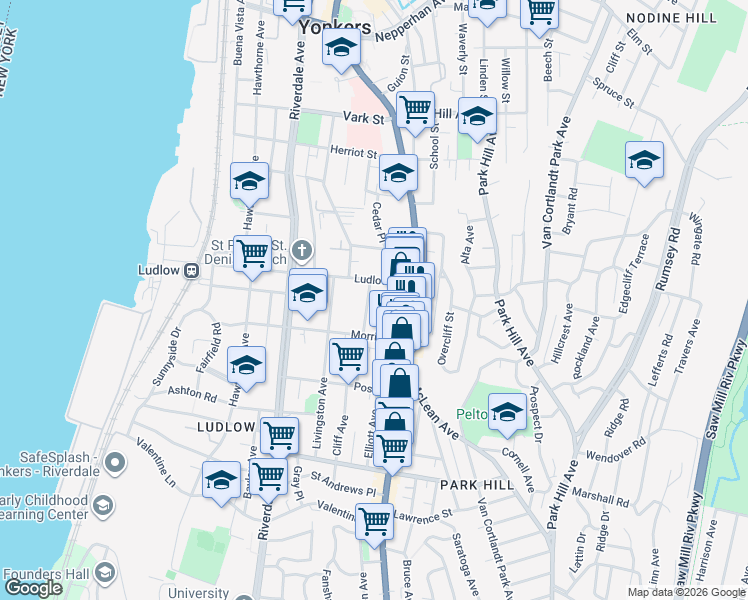 map of restaurants, bars, coffee shops, grocery stores, and more near 18 Hamilton Avenue in Yonkers