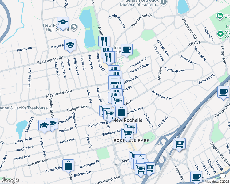 map of restaurants, bars, coffee shops, grocery stores, and more near 622 North Avenue in New Rochelle