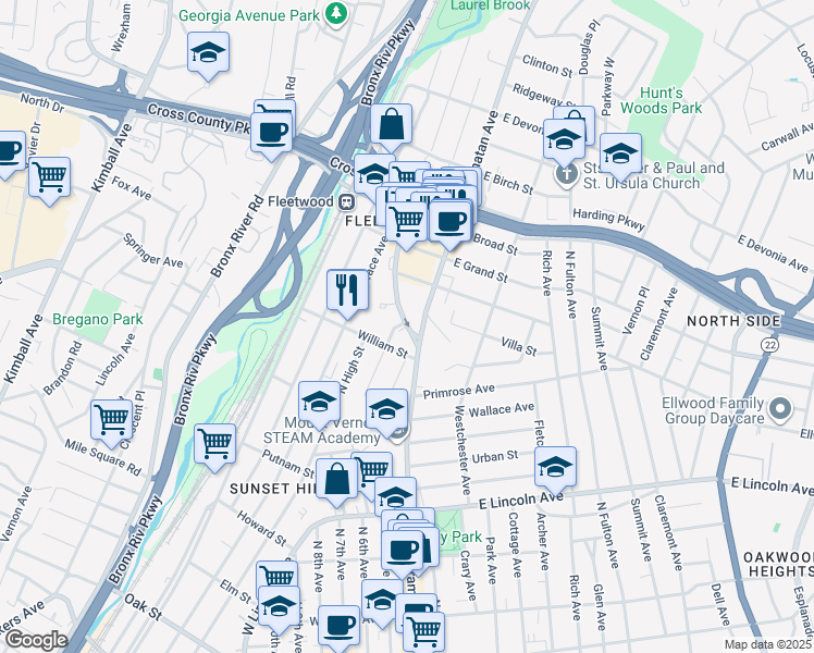 map of restaurants, bars, coffee shops, grocery stores, and more near 18 Fleetwood Avenue in Mount Vernon
