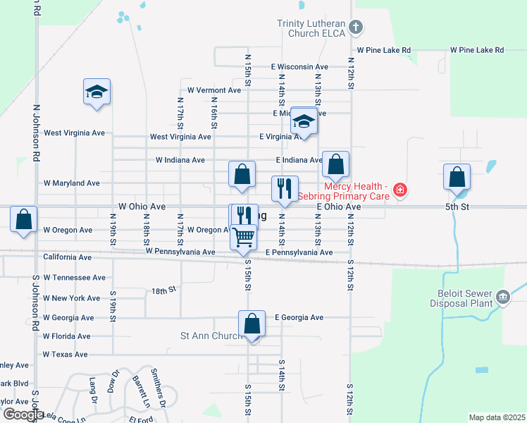map of restaurants, bars, coffee shops, grocery stores, and more near 146 East Ohio Avenue in Sebring