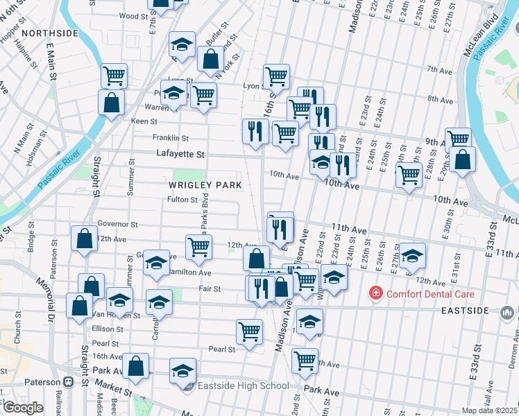 map of restaurants, bars, coffee shops, grocery stores, and more near 418 East 16th Street in Paterson
