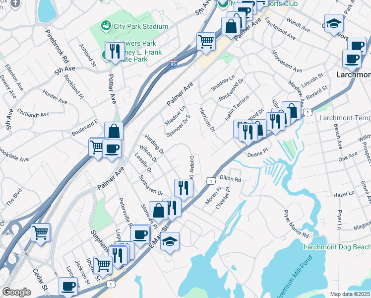 map of restaurants, bars, coffee shops, grocery stores, and more near 118 Cooper Drive in New Rochelle
