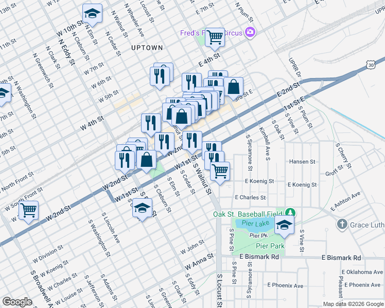 map of restaurants, bars, coffee shops, grocery stores, and more near 105 North Walnut Street in Grand Island