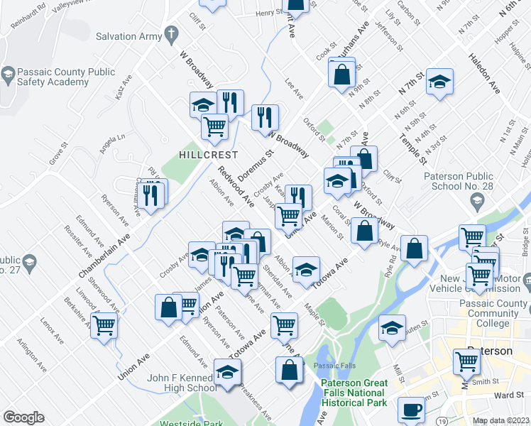 map of restaurants, bars, coffee shops, grocery stores, and more near 116 Redwood Ave in Paterson