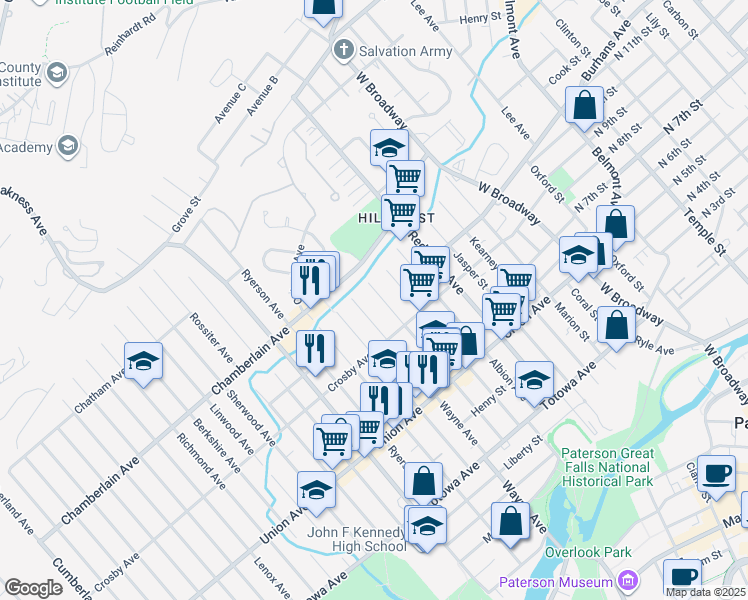 map of restaurants, bars, coffee shops, grocery stores, and more near 173 Sherman Avenue in Paterson