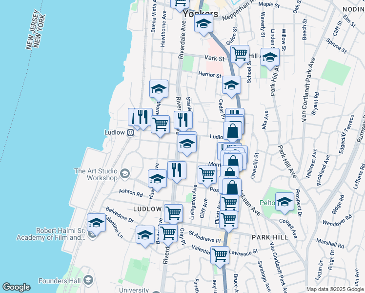 map of restaurants, bars, coffee shops, grocery stores, and more near 280 Riverdale Avenue in Yonkers
