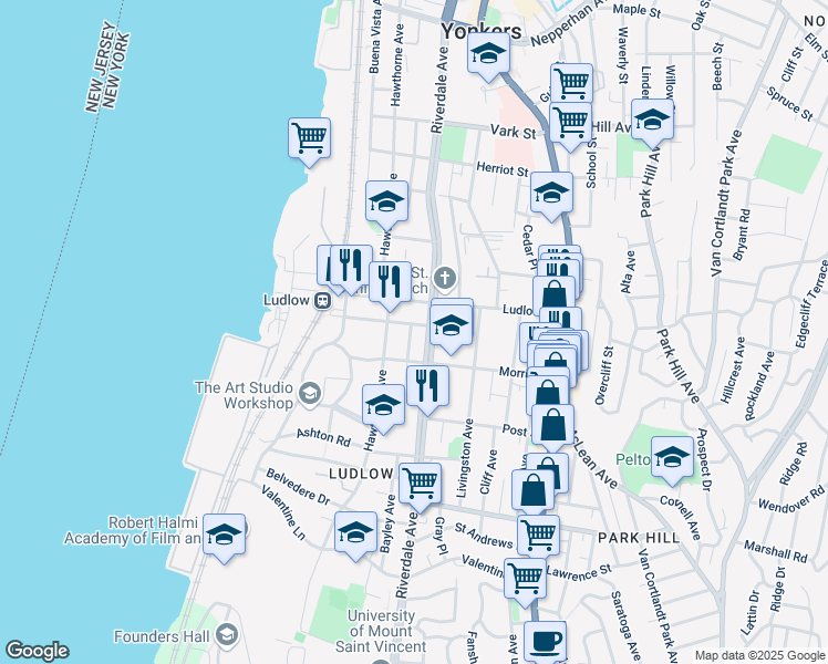 map of restaurants, bars, coffee shops, grocery stores, and more near 8 Pier Street in Yonkers