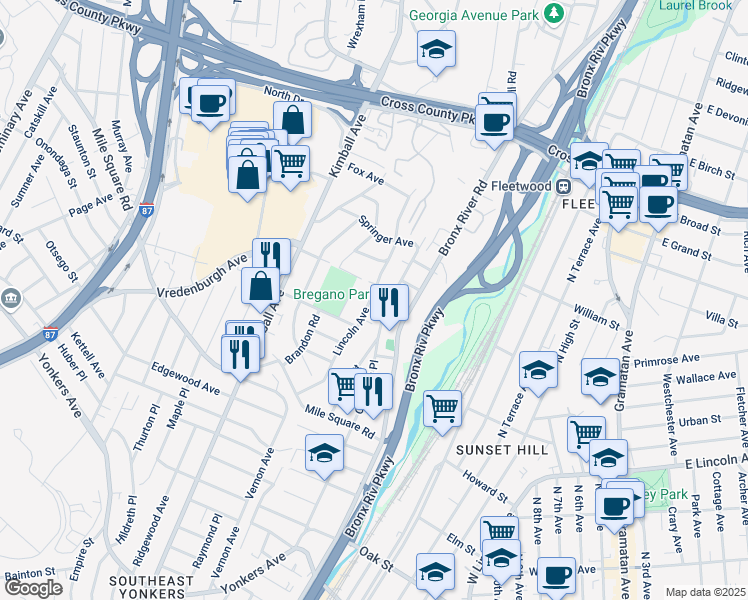 map of restaurants, bars, coffee shops, grocery stores, and more near 115 Lincoln Avenue in Yonkers