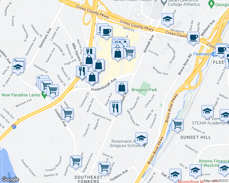 map of restaurants, bars, coffee shops, grocery stores, and more near 72 Byron Avenue in Yonkers