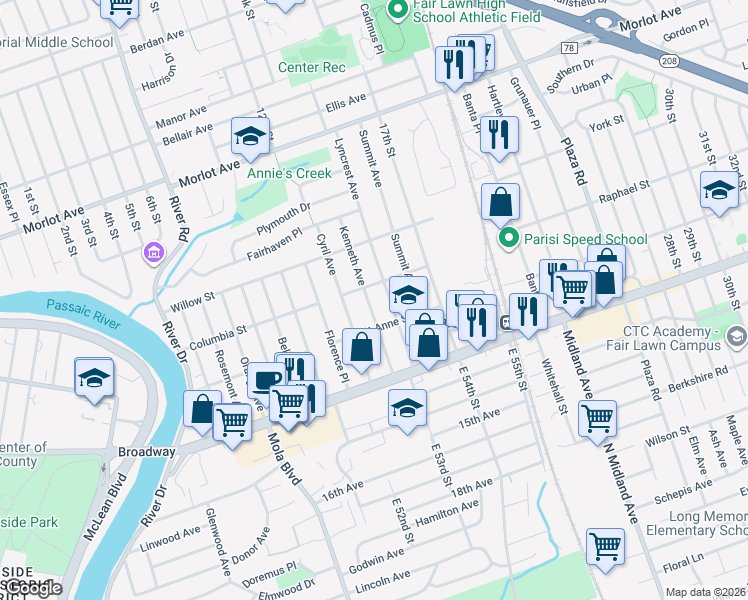 map of restaurants, bars, coffee shops, grocery stores, and more near 2-25 Kenneth Avenue in Fair Lawn