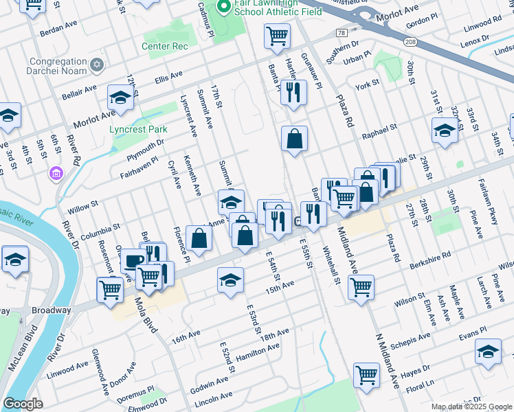 map of restaurants, bars, coffee shops, grocery stores, and more near 2-7 17th Street in Fair Lawn
