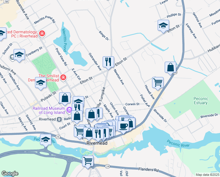 map of restaurants, bars, coffee shops, grocery stores, and more near 533 Ostrander Avenue in Riverhead