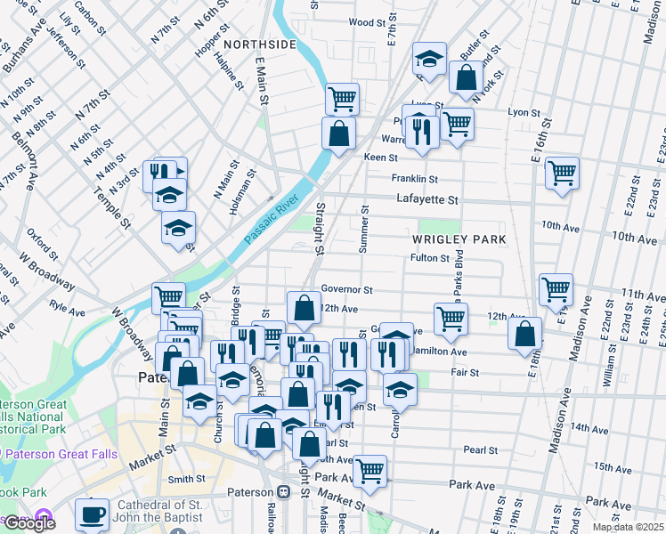 map of restaurants, bars, coffee shops, grocery stores, and more near 93 Harrison Street in Paterson