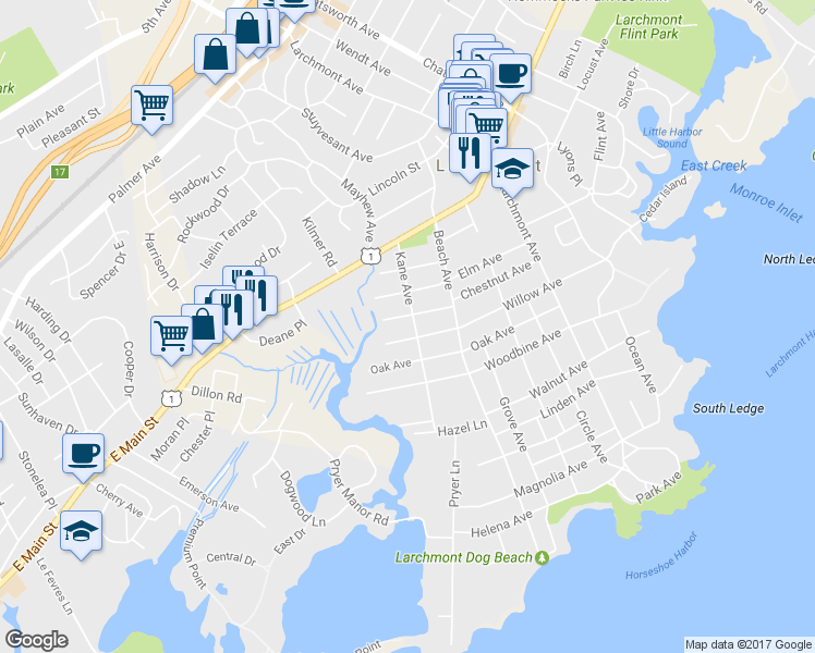 map of restaurants, bars, coffee shops, grocery stores, and more near 42 Kane Avenue in Larchmont