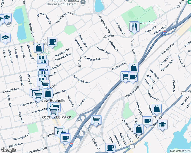 map of restaurants, bars, coffee shops, grocery stores, and more near 33 Brookdale Avenue in New Rochelle