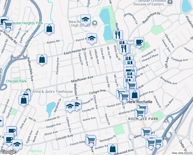 map of restaurants, bars, coffee shops, grocery stores, and more near 183 Clinton Avenue in New Rochelle