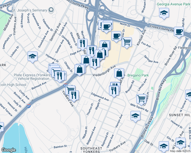 map of restaurants, bars, coffee shops, grocery stores, and more near 920 Mile Square Road in Yonkers