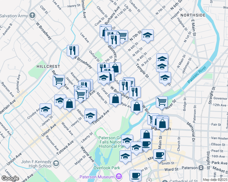 map of restaurants, bars, coffee shops, grocery stores, and more near in Paterson
