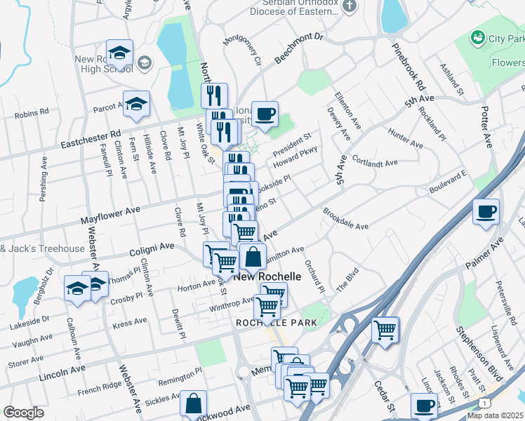 map of restaurants, bars, coffee shops, grocery stores, and more near 27 Treno Street in New Rochelle