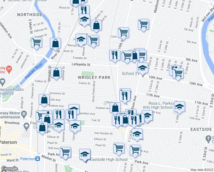 map of restaurants, bars, coffee shops, grocery stores, and more near 250 Fulton Street in Paterson