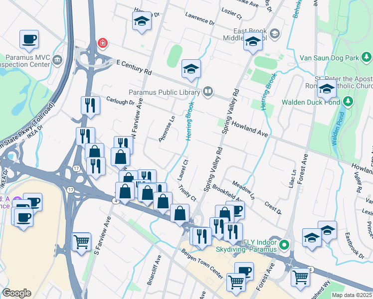 map of restaurants, bars, coffee shops, grocery stores, and more near 30 Laurel Ct in Paramus