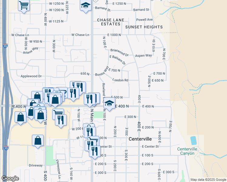 map of restaurants, bars, coffee shops, grocery stores, and more near 550 North 180 East in Centerville